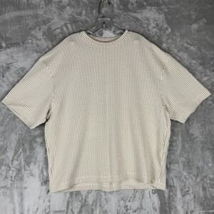 ZARA Textured Striped Crewneck Mens Size L Beige Brown Short Sleeve